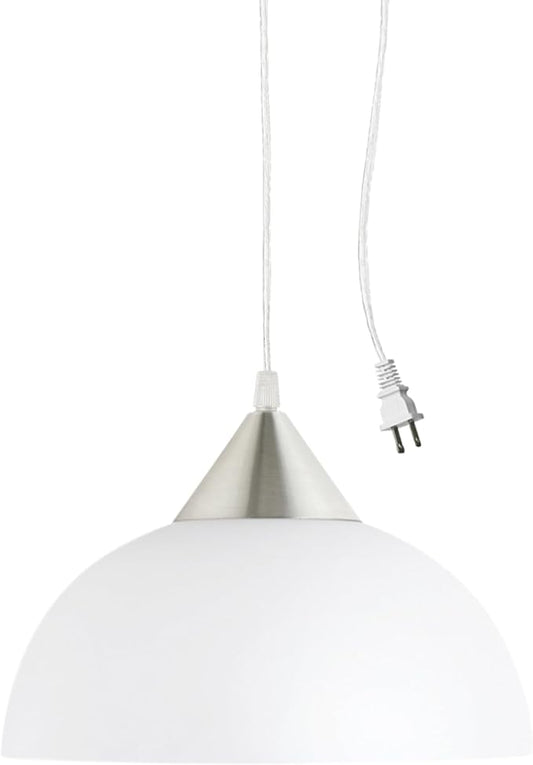 GLOBE Electric 64413 1-Light Plug-in Pendant, Brushed Steel, Frosted White Shade, 15ft Clear Cord, in-Line On/Off Switch, E26 Base Socket, Kitchen Island, Café, Hanging Light, Bulb Not Included