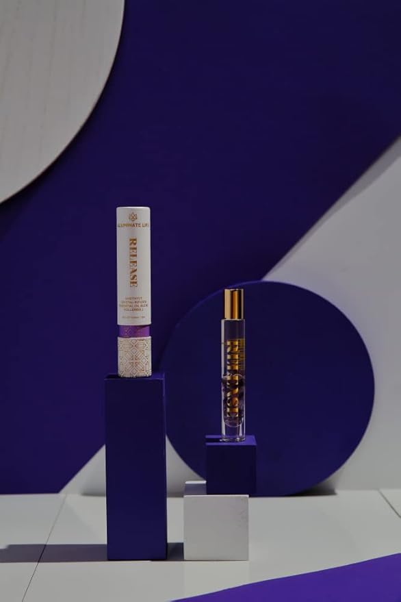 Essential Oil Rollerballs, .34 OZ, Release - Amethyst Crystal Infused - Scent of Lavender, Bergamot, & Frankincense - Aromatherapy Roll On Oils, Skin Care, Massage