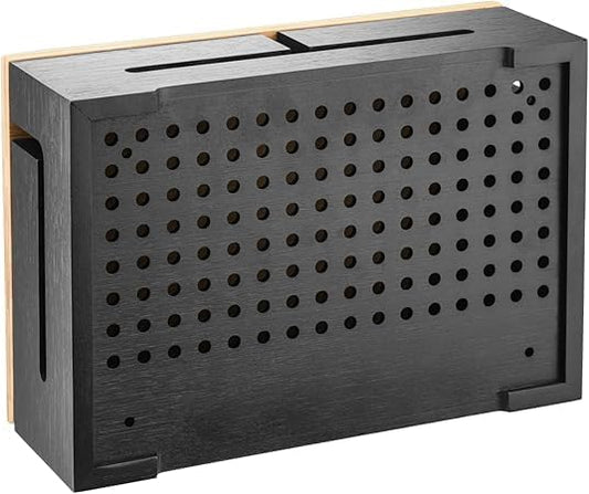 Bamboo Cable Management Box with Magnetic Lid & Ties - Elegant, Durable Cable Organizer to Hide Cords & Power Strip - Wall Mountable Box Hider for Home, Office, Desk & More (Black)