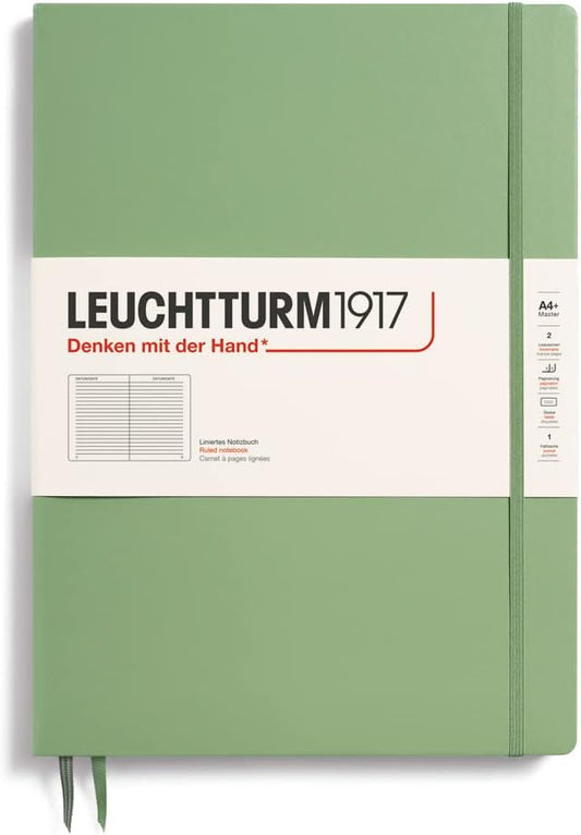 LEUCHTTURM1917 - Notebook Hardcover Master Slim A4+ - 123 Numbered Pages for Writing and Journaling (Sage, Ruled)