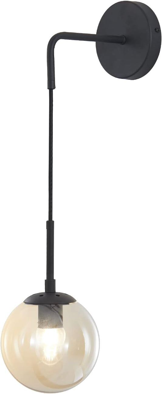 BOKT Matte Black Amber Glass Round Wall Sconce Light Mid Century Modern Globe Bathroom Wall Sconce Lamp Farmhouse Industrial Adjustable Bar Wall Light Fixture (Black+Amber)