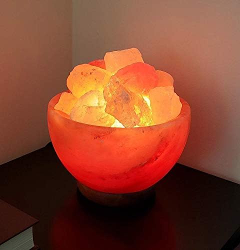 Spantik Himalayan Salt Lamp Bowl with Natural Crystal Chunks, Dimmer Cord and Classic Wood Base Premium Quality Authentic from Pakistan
