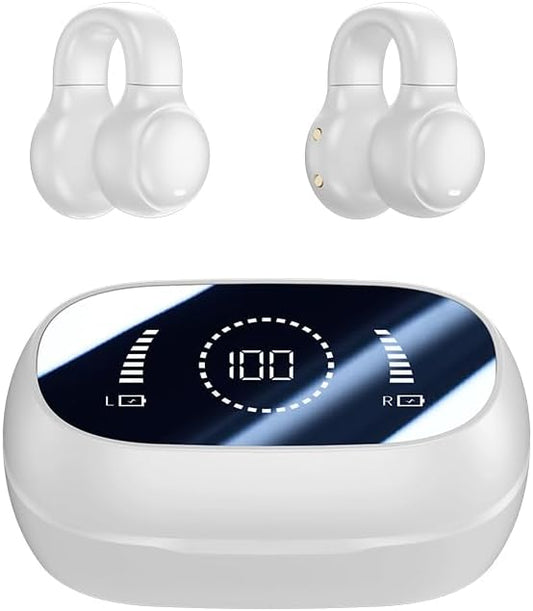 Open Ear Headphones, Wireless Earbuds for Running Gym, Sweat Proof Sport Earbuds with Noise Cancelling Microphone, Long Battery Life, Wireless Charging for iOS Android (White)