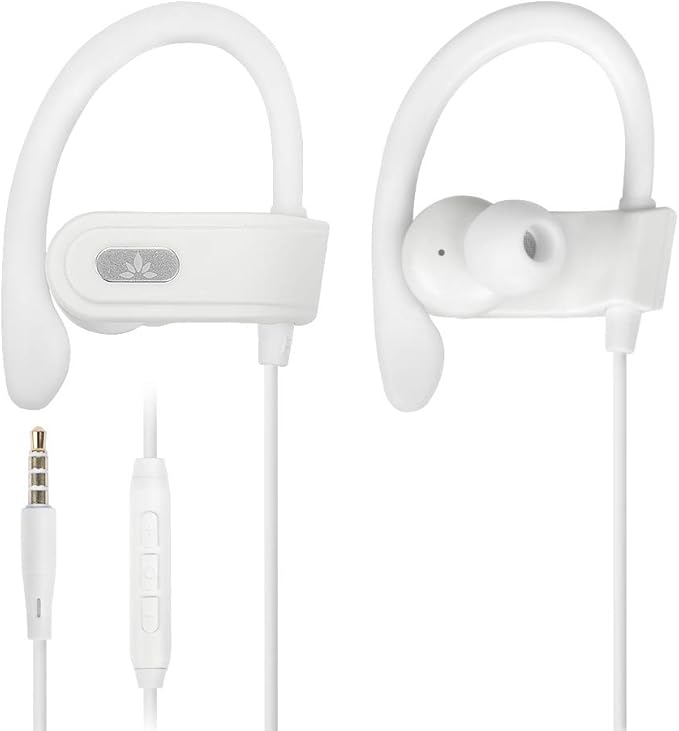 Avantree E171 - AUX 3.5mm Wired Earbuds with Microphone & in-Line Volume Control, Compatible with Traditional 3.5mm AUX Phones Corded Headphones with Ear Hook for Running & Sports, White