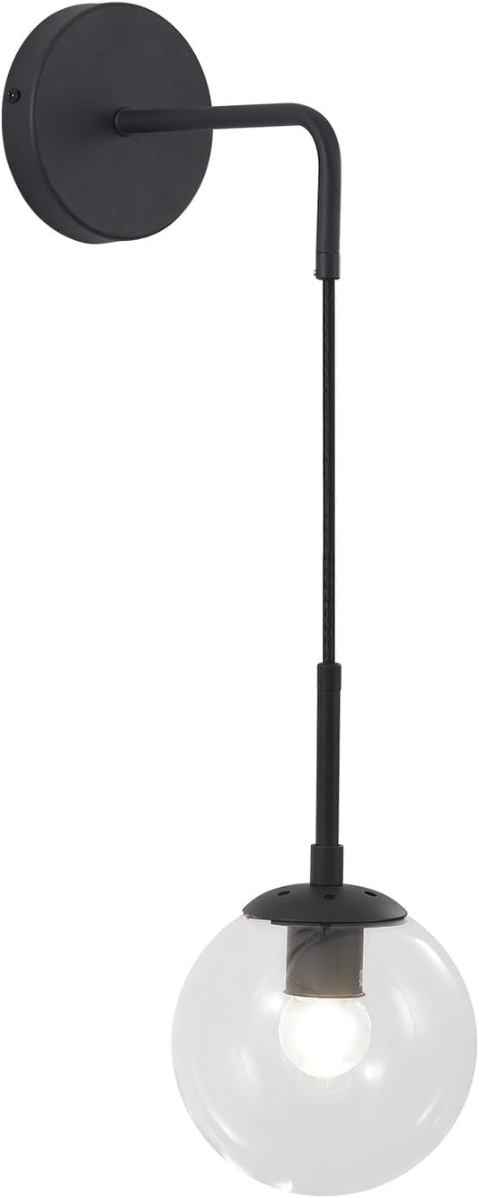 BOKT Mid Century Modern Black Wall Sconce Light Clear Glass Globe Ball Wall Lighting Minimalist Adjustable Bedside Wall Lamp 1-Light Vanity Bathroom Wall Light Fixture (Black+Clear)