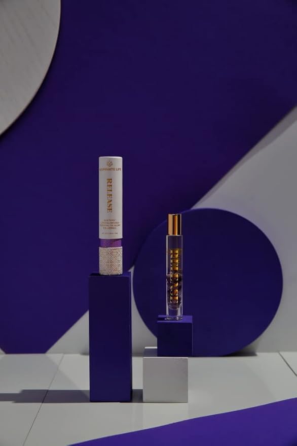 Essential Oil Rollerballs, .34 OZ, Release - Amethyst Crystal Infused - Scent of Lavender, Bergamot, & Frankincense - Aromatherapy Roll On Oils, Skin Care, Massage