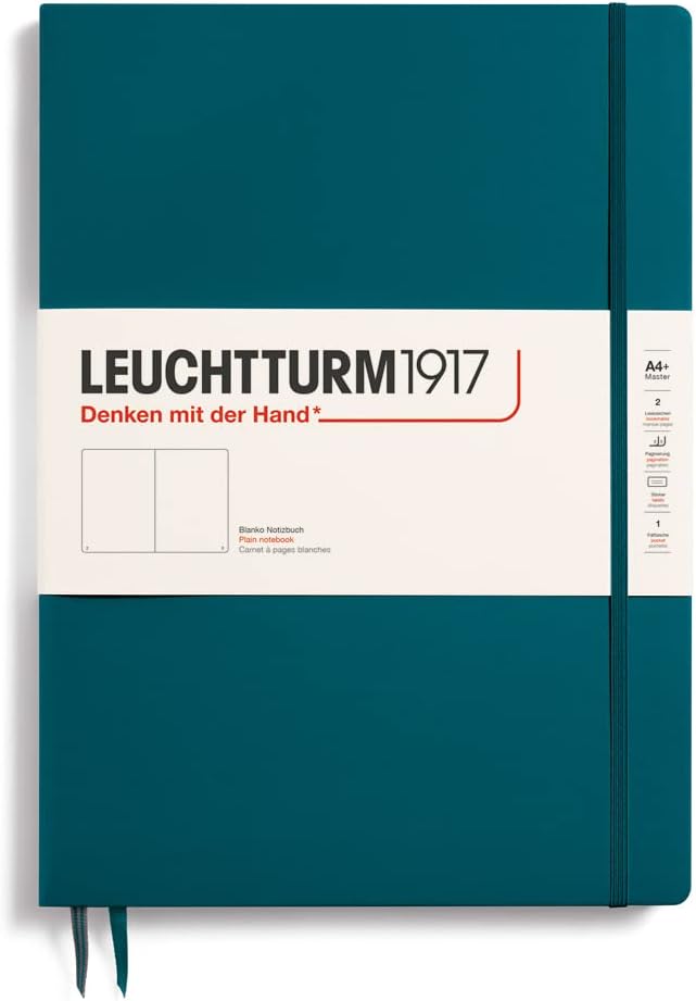 LEUCHTTURM1917 - Notebook Hardcover Master Slim A4+ - 123 Numbered Pages for Writing and Journaling (Pacific Green, Plain)
