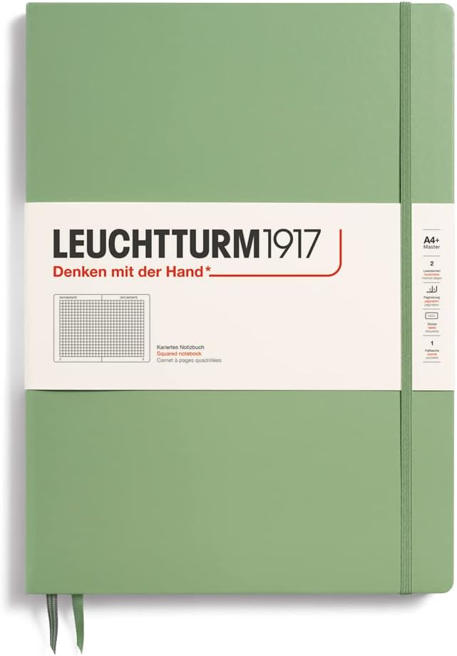LEUCHTTURM1917 - Notebook Hardcover Master Slim A4+ - 123 Numbered Pages for Writing and Journaling (Sage, Squared)