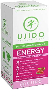 Ujido Matcha Energy Packets, Strawberry Flavor, Sugar-Free, Monkfruit, Non-GMO, Antioxidant, Keto & Vegan, 2g x 15 Count