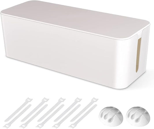 Cable Management Box, Large Cord Organizer Box to Hide Power Strip & Under Desk,TV Computer Wires Cable Organizer Hider Box with Cable Clips&Reusable Cable Ties for Home/Office(White)