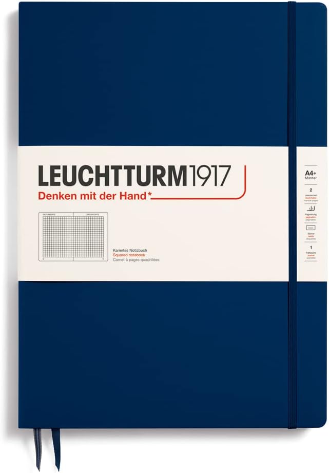 LEUCHTTURM1917 - Notebook Hardcover Master Slim A4+ - 123 Numbered Pages for Writing and Journaling (Navy, Squared)