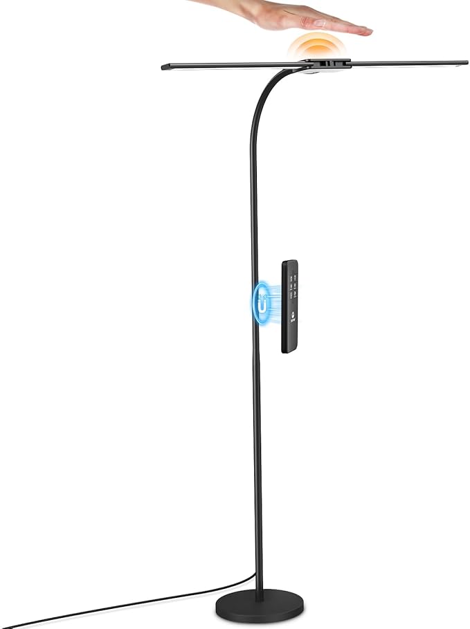 Syrinx LED Floor Lamp, Dual Head Gooseneck Floor Lamps for Living Room with Gesture Switch & Remote Control, 14W Bright Tall Standing Lamp Modern Eye-Caring Reading Floor Lamp for Bedroom Office