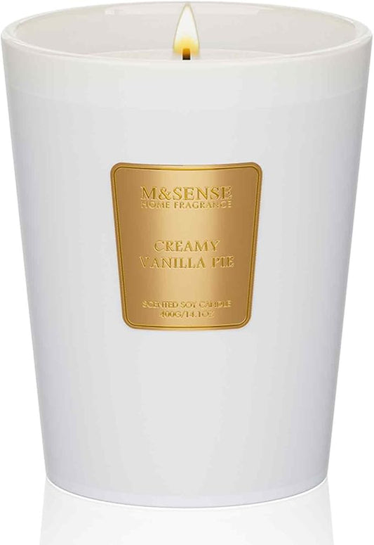 M&SENSE Creamy Vanilla Pie Scented Natural Soy Wax Candle, 14.1oz 60 Hours Long Lasting Slow Burning Candles for Home Decor, Aromatherapy Candle for Stress Relief