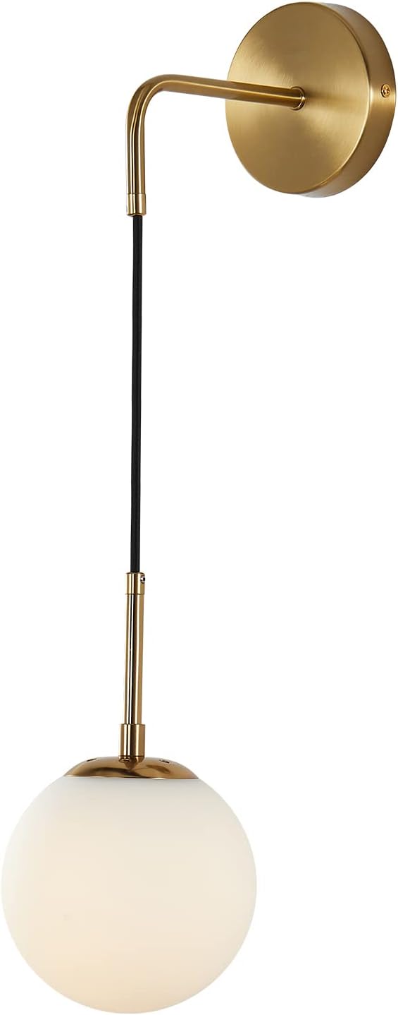 BOKT Frosted White Glass Wall Sconce Mid Century Modern Globe Ball Wall Light Brushed Brass Gold Adjustable Wall Sconce Lighting Industrial Vanity Bathroom Wall Lamp (Gold+White)