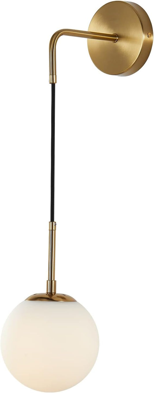 BOKT Frosted White Glass Wall Sconce Mid Century Modern Globe Ball Wall Light Brushed Brass Gold Adjustable Wall Sconce Lighting Industrial Vanity Bathroom Wall Lamp (Gold+White)