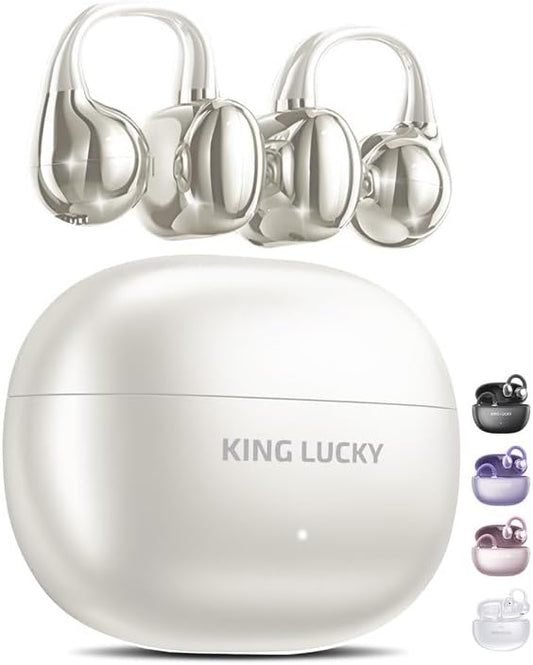 King Lucky Clip on Earbuds Open Ear Wireless Bluetooth 5.4 Headphones with Mic,50H Play,Noise Cancelling,Waterproof,Sports Ear Buds,Comfortable for Small Ears & Glasses Wearers,Workouts (Pearl White)