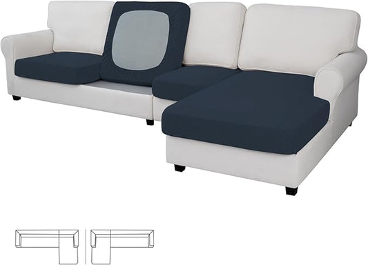 Easy-Going Stretch 4 Pieces Couch Cushion Covers for Sectional Sofa Left/Right L Shape Chaise Lounge Sofa Seat slipcover Anti-Slip Sofa Cover Soft (3 Seater + 1 Chaise, Dark Blue)