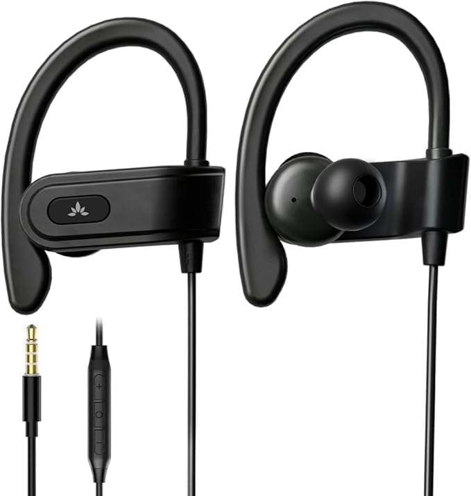 Avantree E171 - AUX 3.5mm Wired Earbuds with Microphone & in-Line Volume Control, Compatible with Traditional 3.5mm AUX Phones Corded Headphones with Ear Hook for Running & Sports, Black