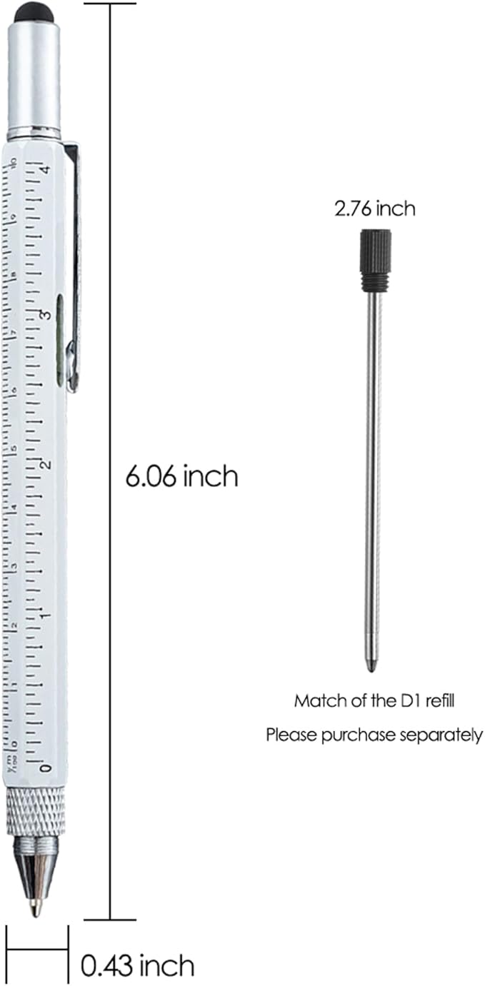 HeTaoCat Gifts Multi Tech Tool 6 in 1 Stylus Pen - Screwdriver With Ruler, Levelgauge, Ballpoint Black Ink (White)