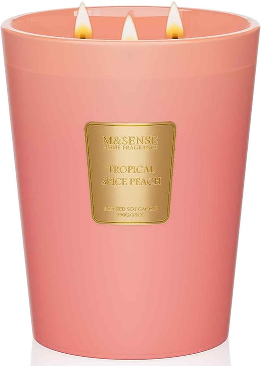 M&SENSE Tropical Spice Peach Scented 35oz 150H Burn Time, 3-Wick Natural Aromatherapy Candle Highly Scented Long Lasting, Home Fragrance Housewarming Gifts New Home Gift Ideas