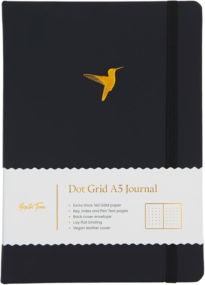 Yop & Tom Bullet Dotted Journal (A5) - Hummingbird - Dot Grid Notebook With Extra Thick Paper (160 GSM) - Charcoal