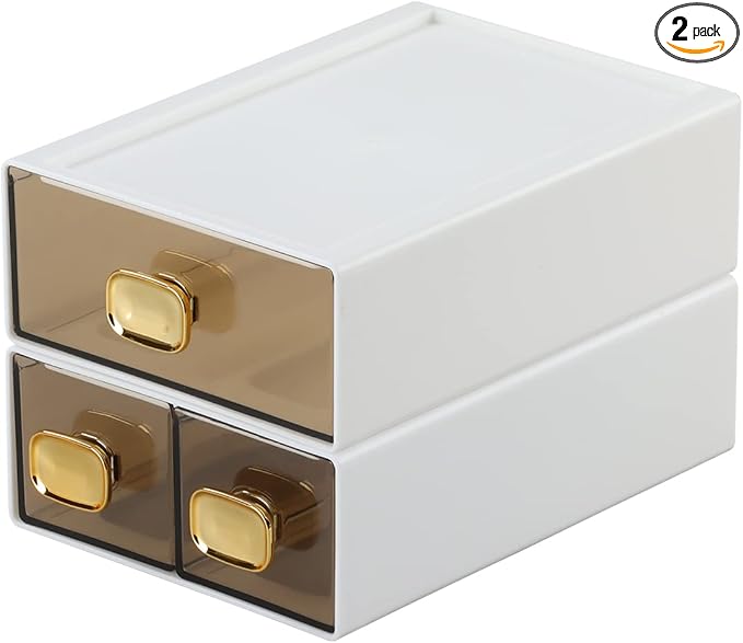 Spacious Desk Drawers, Stackable Desktop Organizer, Plastic Storage Box for Office, School & Home Supplies (1 Middle & 2 Small Drawers, White)