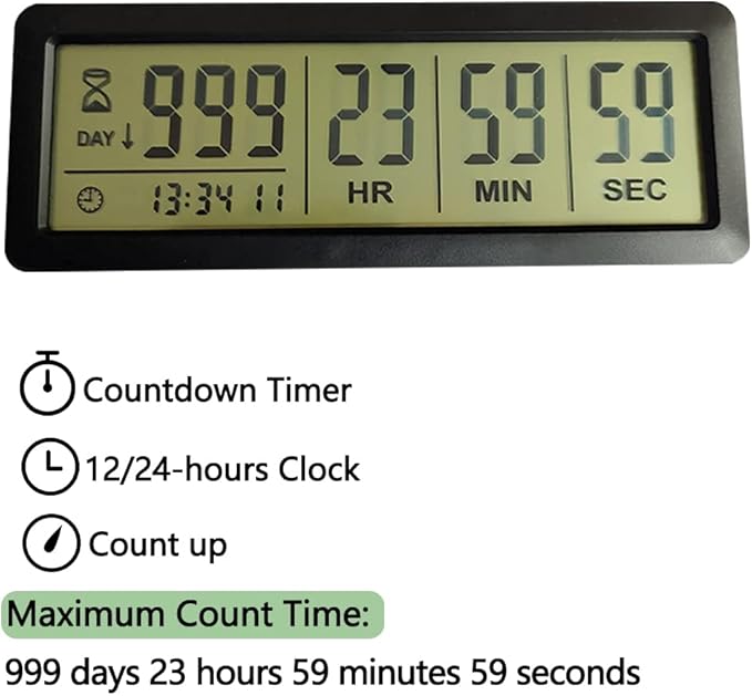 FCXJTU Digital Countdown Days Timer - Black Upgraded Big 999 Days Count Down Clock with Bracket Strong Magnetic Back for Retirement Wedding Vacation Birthday Holidays (999Day)