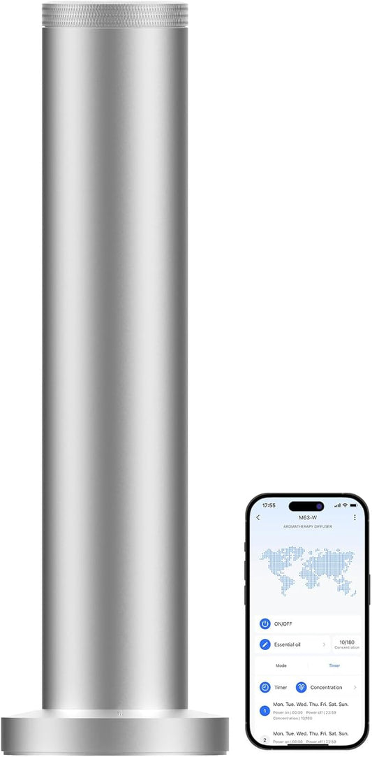 Hotel Scent Diffuser Machine -Cordless Rechargeable Diffuser for Whole House- Scent Air Machine for Home -App Bluetooth Control - Waterless Essential Oil Diffuser for Large Room, Studio Office -Silver