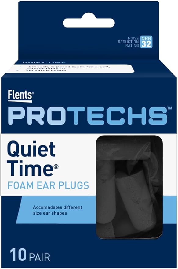 Flents Protechs Foam Ear Plugs for Sleeping, Snoring, Traveling, Concerts, Construction & Studying, Ultra Soft & Comfortable, Black, 10 Pairs, NRR 32 Hearing Protection for Loud Noise
