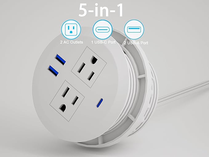3 Inch Desktop Power Grommet,20W USB C Fast Charging Station,3-USB Port,Flush Mount,6.5 ft Power Cord.Round Recessed Power Strip,Desk Hole Grommet Outlet for Workspace,Sofa,White