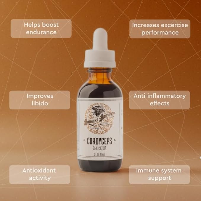 Hodgins Harvest Organic Cordyceps Mushroom Fruiting Body Extract Tincture - Extra Concentrated Dual Extract Supplement - Mushrooms for Energy Support - USDA Certified Organic - 2 fl oz