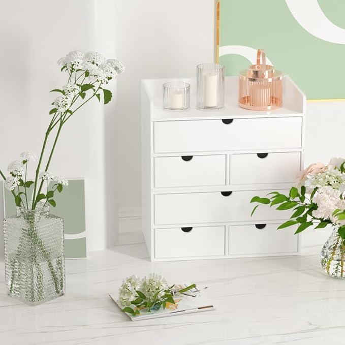 Wisuce Bamboo Desk Organizer - Mini Bamboo Desk Drawer Tabletop Cosmetic Storage Organization for Office or Home White