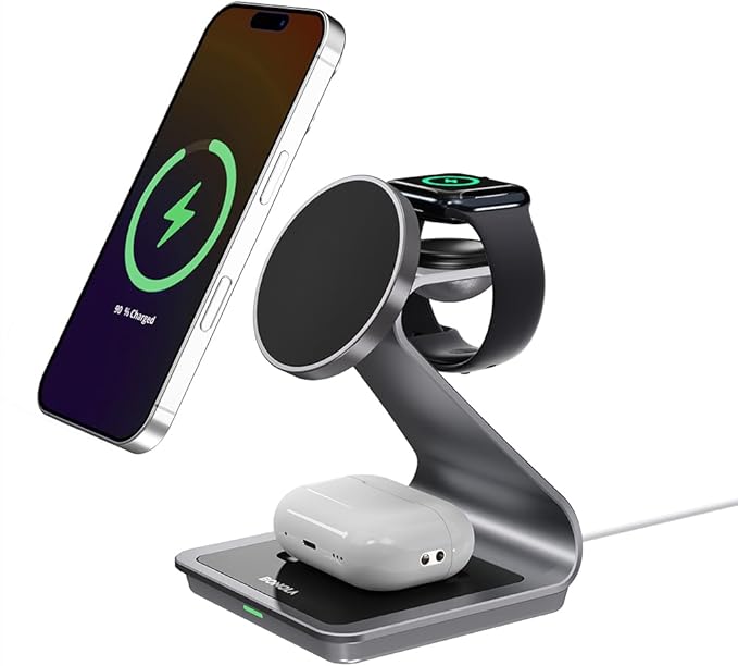 3 in 1 Charging Station for Apple Multiple Devices, Aluminum Magnetic Wireless Charger Stand for iPhone 16/15/14/13/12 Series, Wireless Chargers Dock Stand for Apple Watch/AirPods Pro