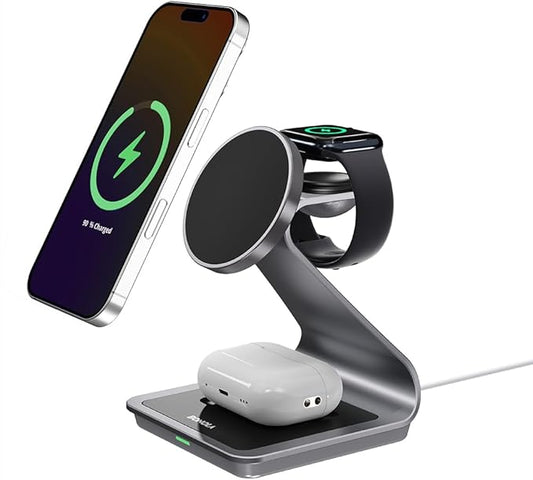 3 in 1 Charging Station for Apple Multiple Devices, Aluminum Magnetic Wireless Charger Stand for iPhone 16/15/14/13/12 Series, Wireless Chargers Dock Stand for Apple Watch/AirPods Pro