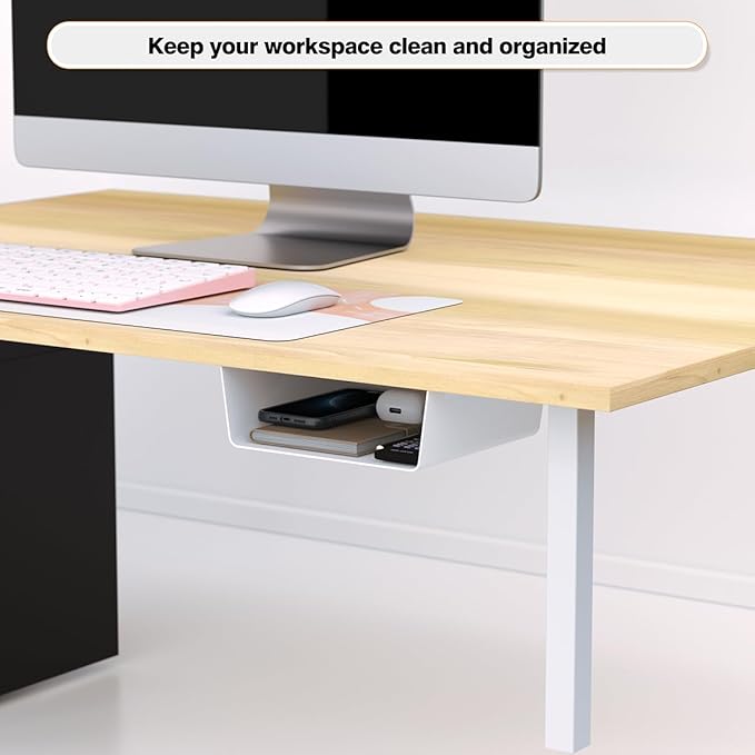 2 Pack Adhesive Under Desk Hanging Shelf Mount Drawer Organizer, Attachable Plastic Under Desk Storage Tray for Standing Desks, Tables, Workstations, Gaming, Cabinet, Increase Storage Space - White