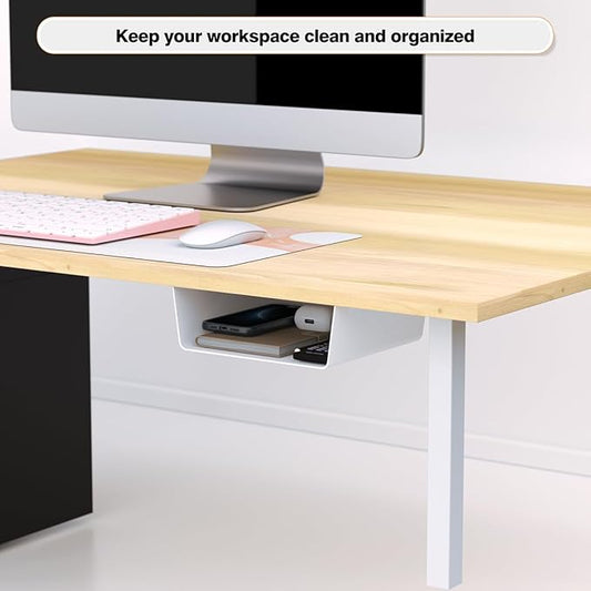 2 Pack Adhesive Under Desk Hanging Shelf Mount Drawer Organizer, Attachable Plastic Under Desk Storage Tray for Standing Desks, Tables, Workstations, Gaming, Cabinet, Increase Storage Space - White