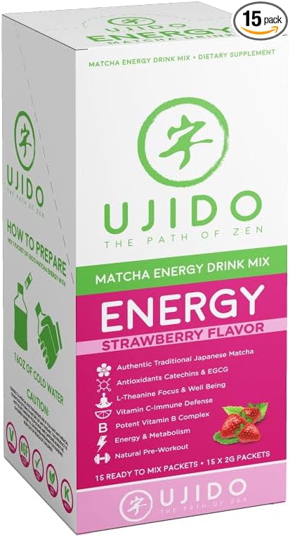 Ujido Matcha Energy Packets, Strawberry Flavor, Sugar-Free, Monkfruit, Non-GMO, Antioxidant, Keto & Vegan, 2g x 15 Count