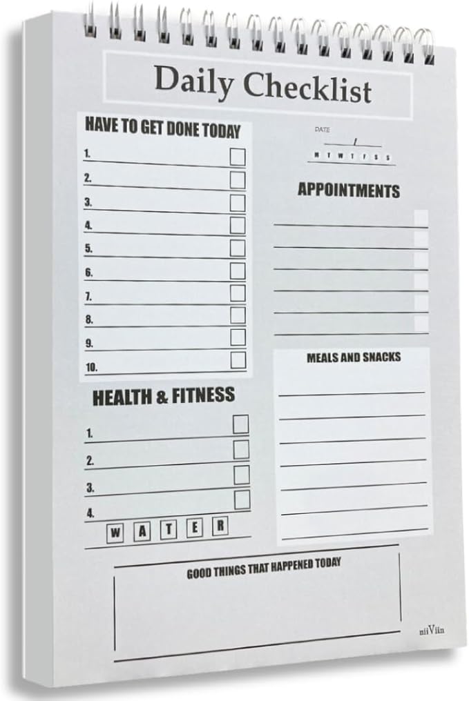 Daily To Do List Notebook - ADHD Planner For Adults, 60 Double-Sided Premium Sheets, Things To Do Notepad, Clear Cover, 6” x 9” Spiral Daily Checklist