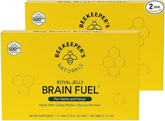 Beekeeper's Naturals B.LXR Brain Fuel - Memory, Focus and Clarity Liquid Formula, Supports Productivity Royal Jelly, Ginkgo Biloba, Bacopa Monnieri Keto Friendly, Gluten & Caffeine-Free, 6 ct (2 Pack)