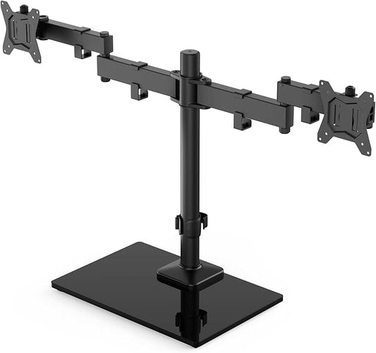 HUANUO Freestanding Dual Monitor Stand, 32 Inch Dual Monitor Mount for 2 Screens, Holds up to 19.8 lbs per Arm, Monitor Arm Riser with Tempered-Glass Base, Tilt, Swivel, Rotation, Black
