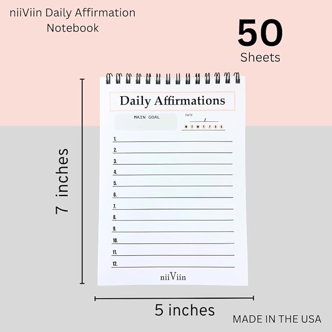 Daily Affirmations for Women - 50 Page Goals Journal, Write Your Own Positive Affirmations, Motivational Gifts for Women, 5"x7" Spiral Lined Pad, Pink, Black, White