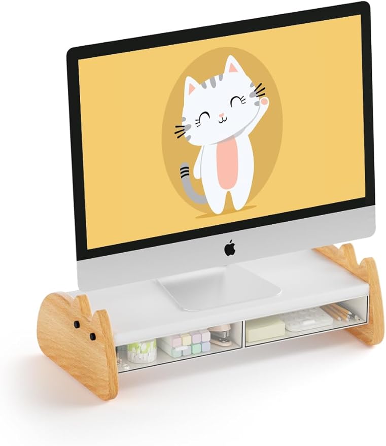 Monitor Stand Riser,Wooden & MDF Computer Desktop Stand with Acrylic Drawer,Laptop Stand Riser Holder ,Table Holder Desk Organizer Storage Stand for Laptop,Printer,TV,15.7 inch,Cute Cat