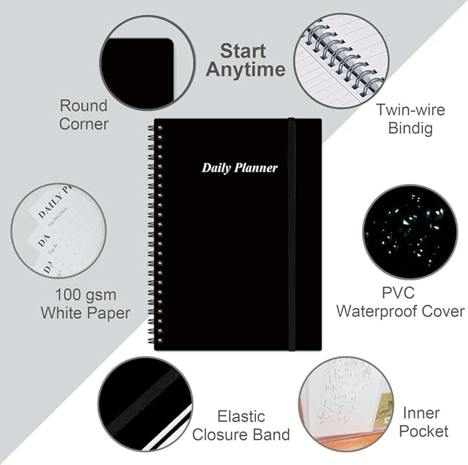 Daily Planner Undated - A5 To Do List Notebook Hourly Schedules, Spiral Appointment Planner for Women and Men, PVC Hardcover, Inner Pocket, Elastic Closure, 5.8" x 8.3", Black