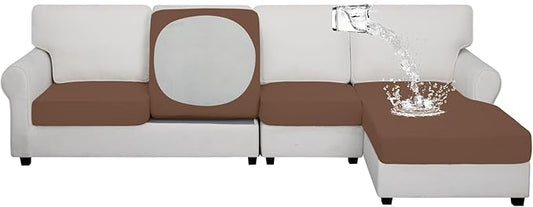 Easy-Going 100% Waterproof 4 Pieces Couch Cushion Covers for Sectional Sofa Left/Right L Shape Chaise Lounge Sofa Seat slipcover Anti-Slip Sofa Cover (3 Seater + 1 Chaise, Brown