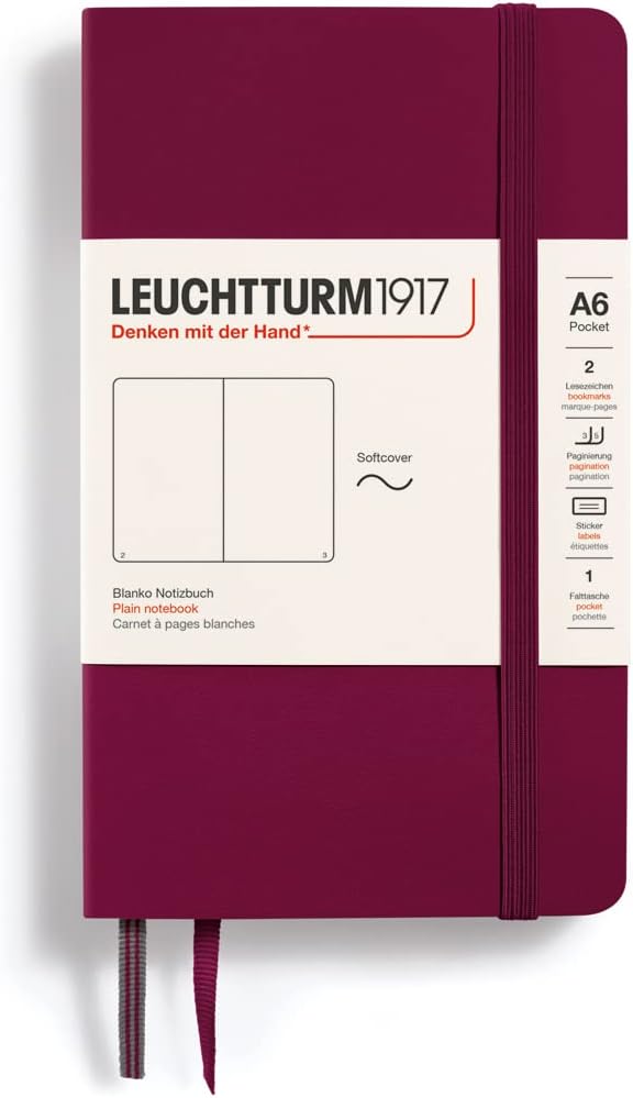 LEUCHTTURM1917 - Notebook Softcover Pocket A6-123 Numbered Pages for Writing and Journaling (Plain, Port Red)