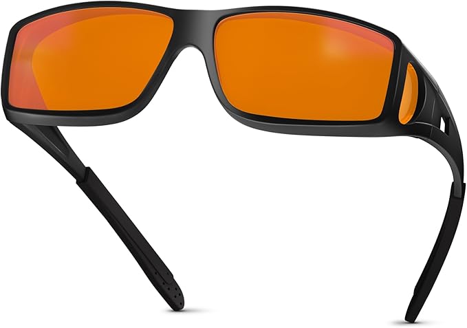 Fit Over 100% Blue Light Blocking Glasses for Sleep - Amber Nighttime Eyewear, Wraparound Sleep Glasses, Anti-Blue Blocking Computer Gaming Glasses for Men Women, Black