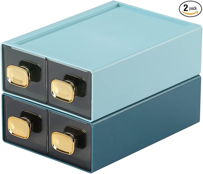 Spacious Desk Drawers, Stackable Desktop Organizer, Plastic Storage Box for Office, School & Home Supplies (4 Small Drawers, BU & CYAN)