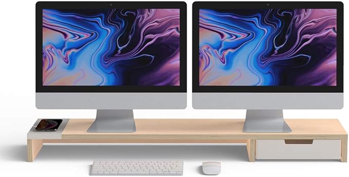 POUT E9 Dual Monitor Stand with Drawer - Wireless Charger and USB Hub (Maple White)