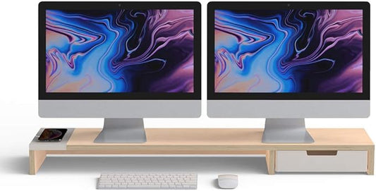 POUT E9 Dual Monitor Stand with Drawer - Wireless Charger and USB Hub (Maple White)