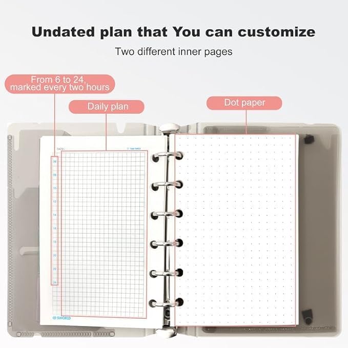 CAGIE A7 Binder 6 Ring Notebook with Dividers Refillable Planner Binder with Pockets, Refill Paper Include Planning Square Ruled and Dotted Pages, 4.13 x 5.71 In, (Light Pink, A7 Hourly&Dot Page)